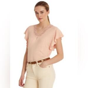 RALPH LAUREN Womens Pink Sheer Flutter Sleeve V Neck. Top XXL